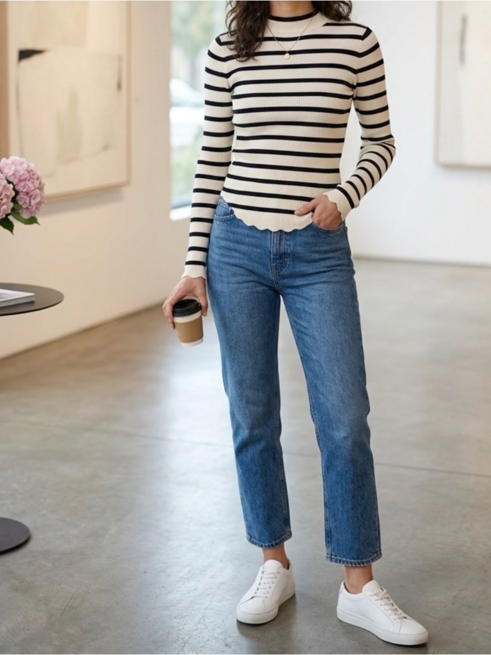 stradivarius Cream & Black Striped Ribbed Mock Neck Sweater